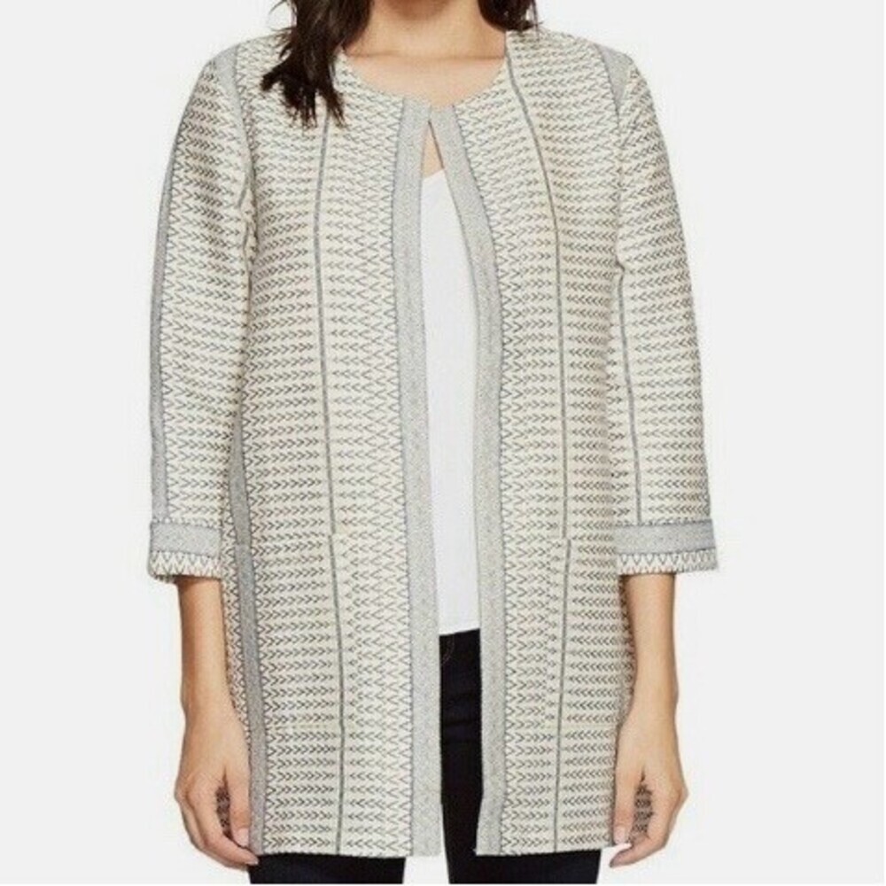 Bobeau Cotton Jacket Womens Size S Ivory Geometric Open Front 3/4 Sleeve